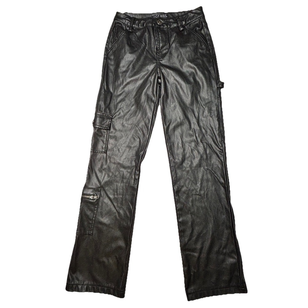 Y2K‎ Hot Kiss Faux Leather Cargo Pants Black Flare Biker Low Rise Womens
